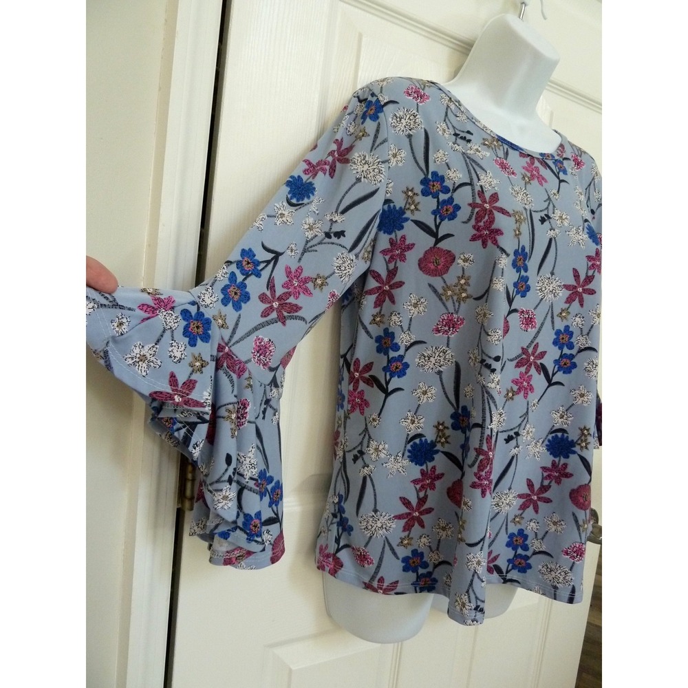 AMANA Women Large Ruffled 3/4 Sleeve Pullover Blouse Floral Cottagecore Blue